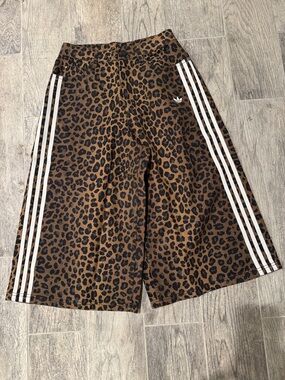 adidas Kids Leopard-Print Wide Leg Shorts in Brown and Black with White Stripes